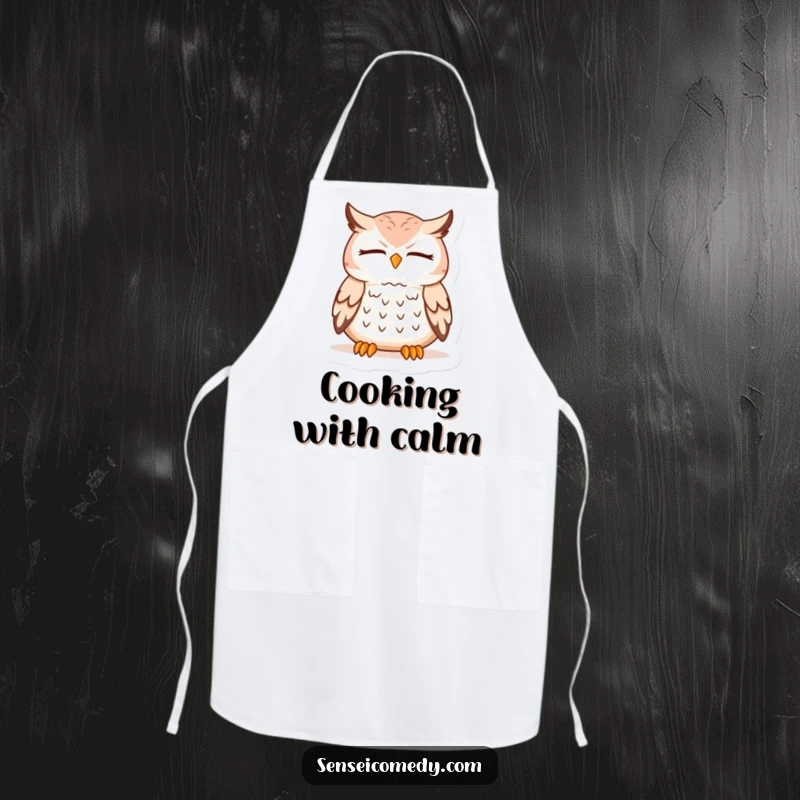Funny Owl Sensei Apron: Kitchen wear with a meditating owl, ideal for cooking with humorous wisdom and style.