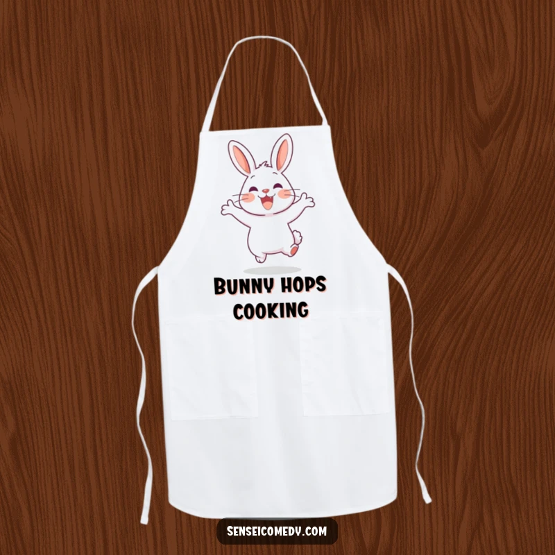 Funny Rabbit Sensei Apron: Kitchen wear with a cheerful jumping rabbit, adding energetic humor to cooking.