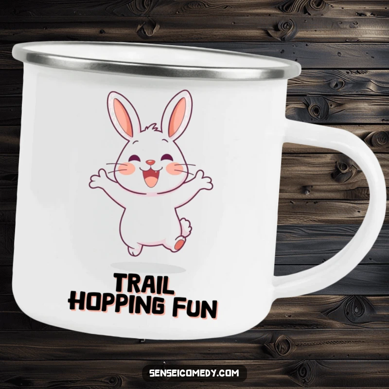 Funny Rabbit Sensei Camping Mug: Durable mug with a happy jumping rabbit, for enjoying drinks outdoors with cheer.