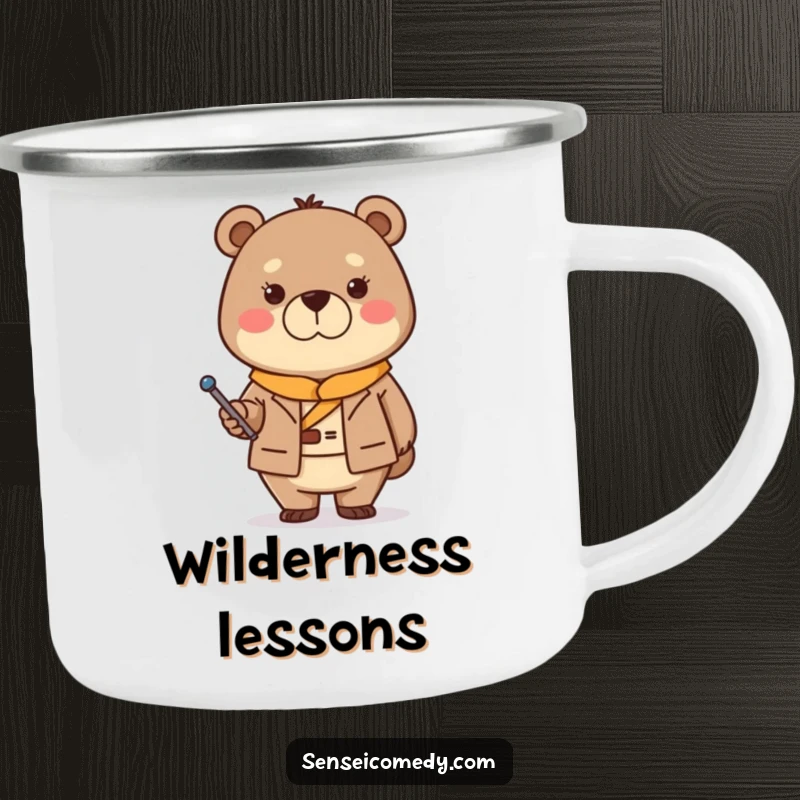 Funny Bear Sensei Camping Mug: Durable mug with a stern but kind bear and pointer, for enjoying drinks outdoors.