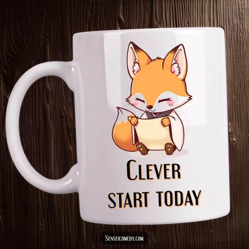 Funny Fox Sensei Mug: Diligent fox inspecting a scroll, embodying focus and attention to detail.