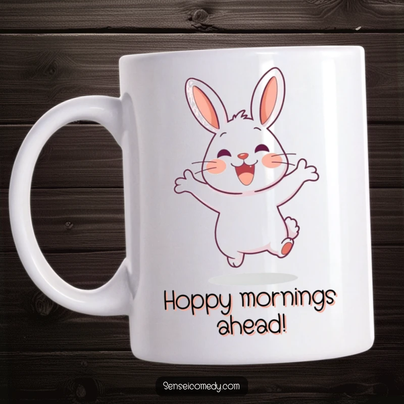 Funny Rabbit Sensei Mug: Cheerful bunny demonstrating a lively jump, full of energetic and happy vibes.