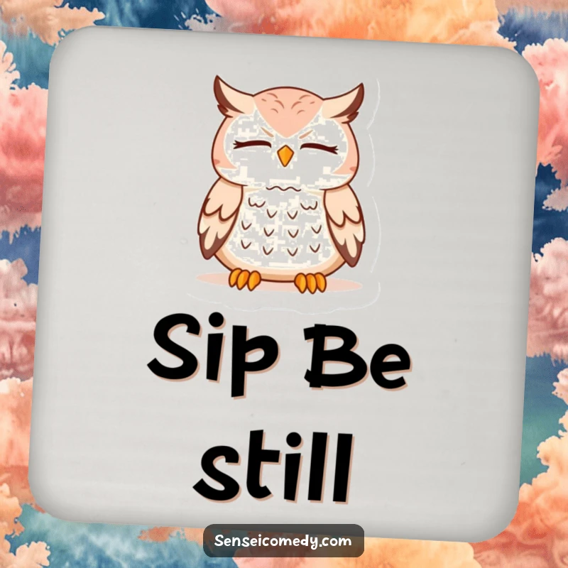Funny Owl Sensei Coaster: Decorative coaster featuring a meditating owl, adding a humorous zen touch.