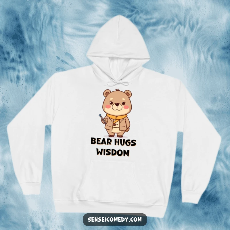 Funny Bear Sensei Hoodie: Warm clothing featuring a stern yet kind bear with a pointer, offering comforting wisdom.