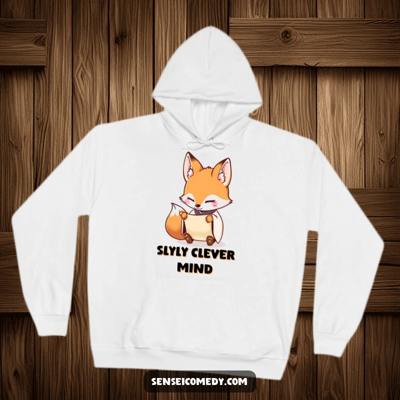 Funny Fox Sensei Hoodie: Warm garment featuring a diligent fox inspecting a scroll, offering cozy focus.