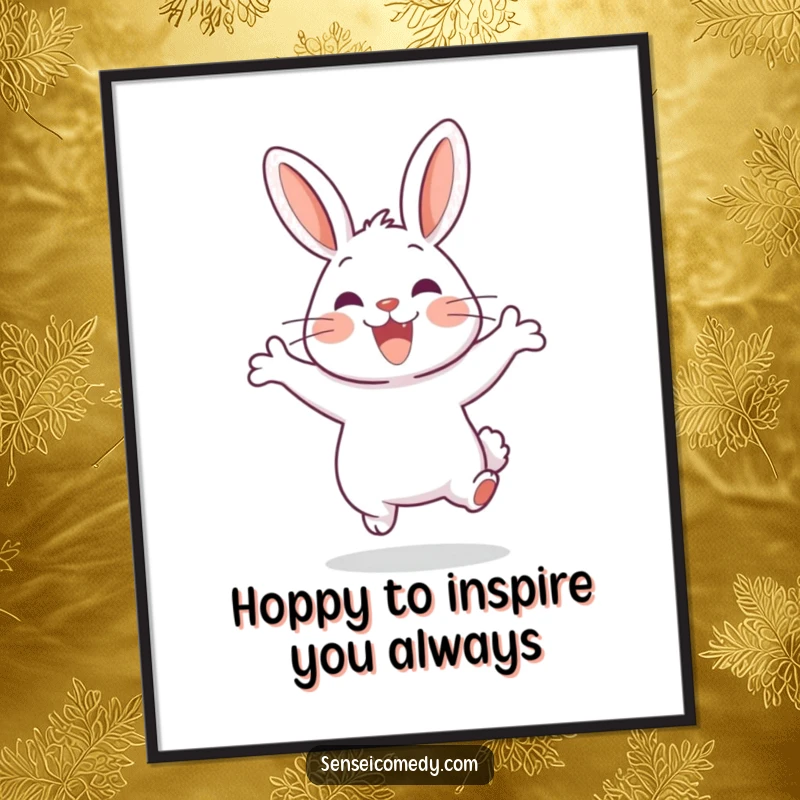 Funny Free Printable Rabbit Sensei joyfully jumping, perfect for energetic downloadable wall art.