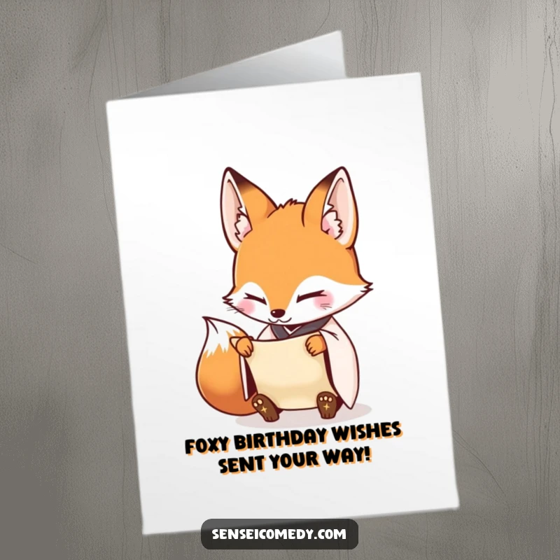 Funny Free Printable Fox Sensei inspecting a scroll, celebrating a birthday with diligence.
