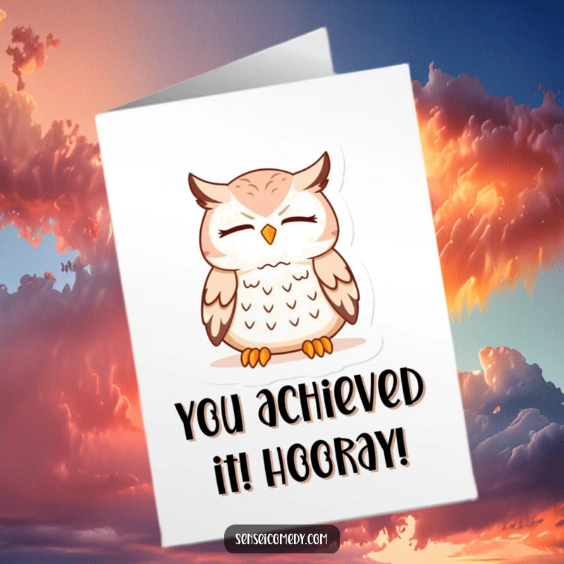 Free Printable Owl Sensei card, meditating with eyes closed, offering congratulations with zen.