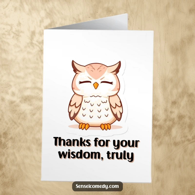 Funny Free Printable Owl Sensei meditating, conveying thanks with a peaceful, wise expression.