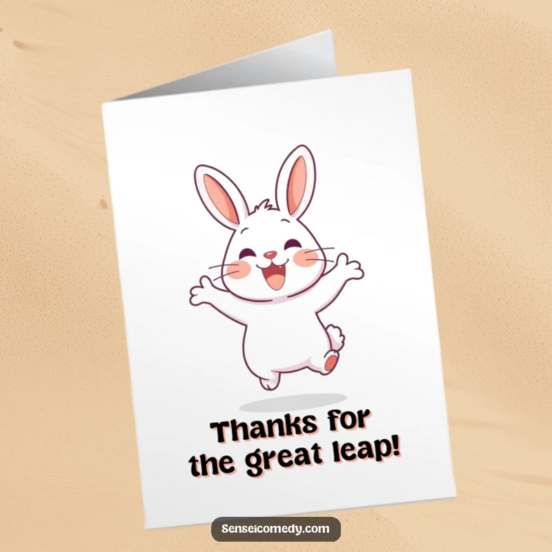 Funny Free Printable Rabbit Sensei doing a happy jump, conveying thanks with energy.