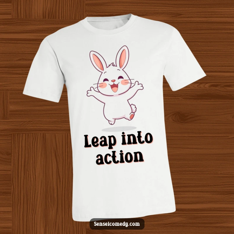 Funny Rabbit Sensei T-Shirt: A happy anthropomorphic rabbit mid-jump, conveying pure joy and active spirit.