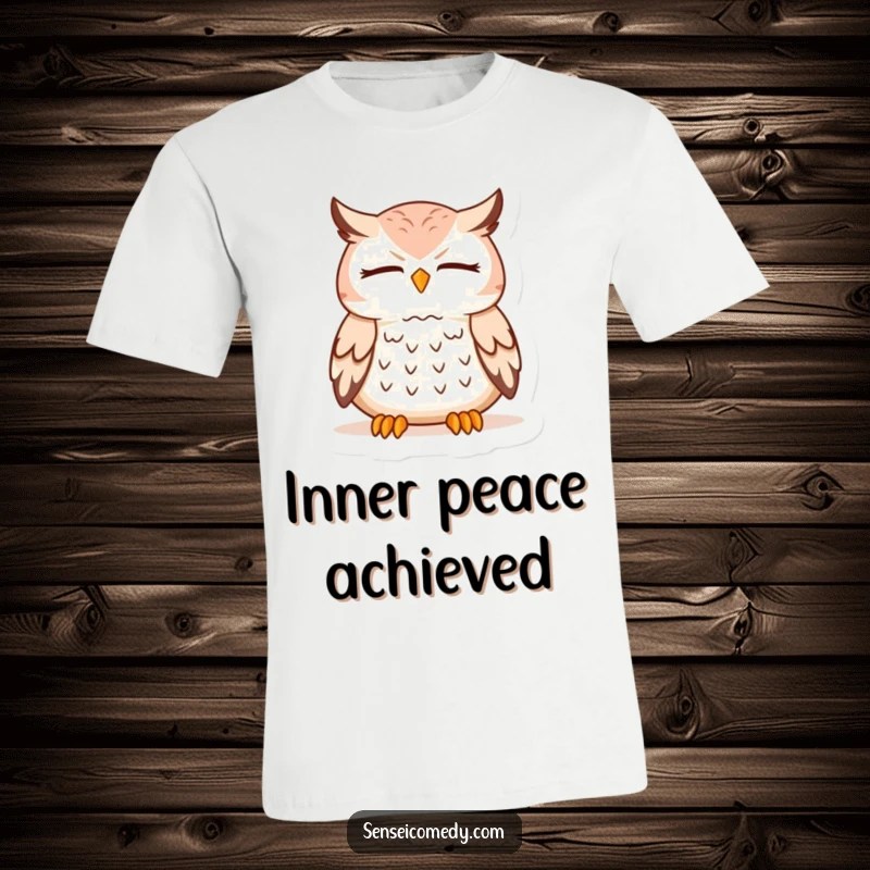 Funny Owl Sensei T-Shirt: Wise anthropomorphic owl meditating serenely, conveying deep inner peace for the wearer.